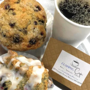 Close up of baked goods and coffee at the Cushing Cafe